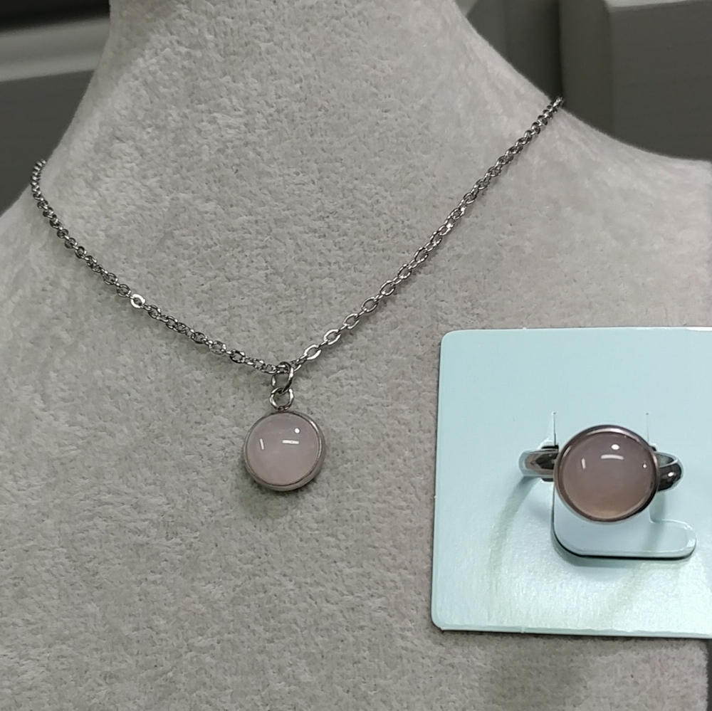 Rose Quartz Necklace Ring Set Natural Gemstone Adjustable Stainless-Steel 2pc